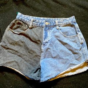 Split color Jean shorts black and white.